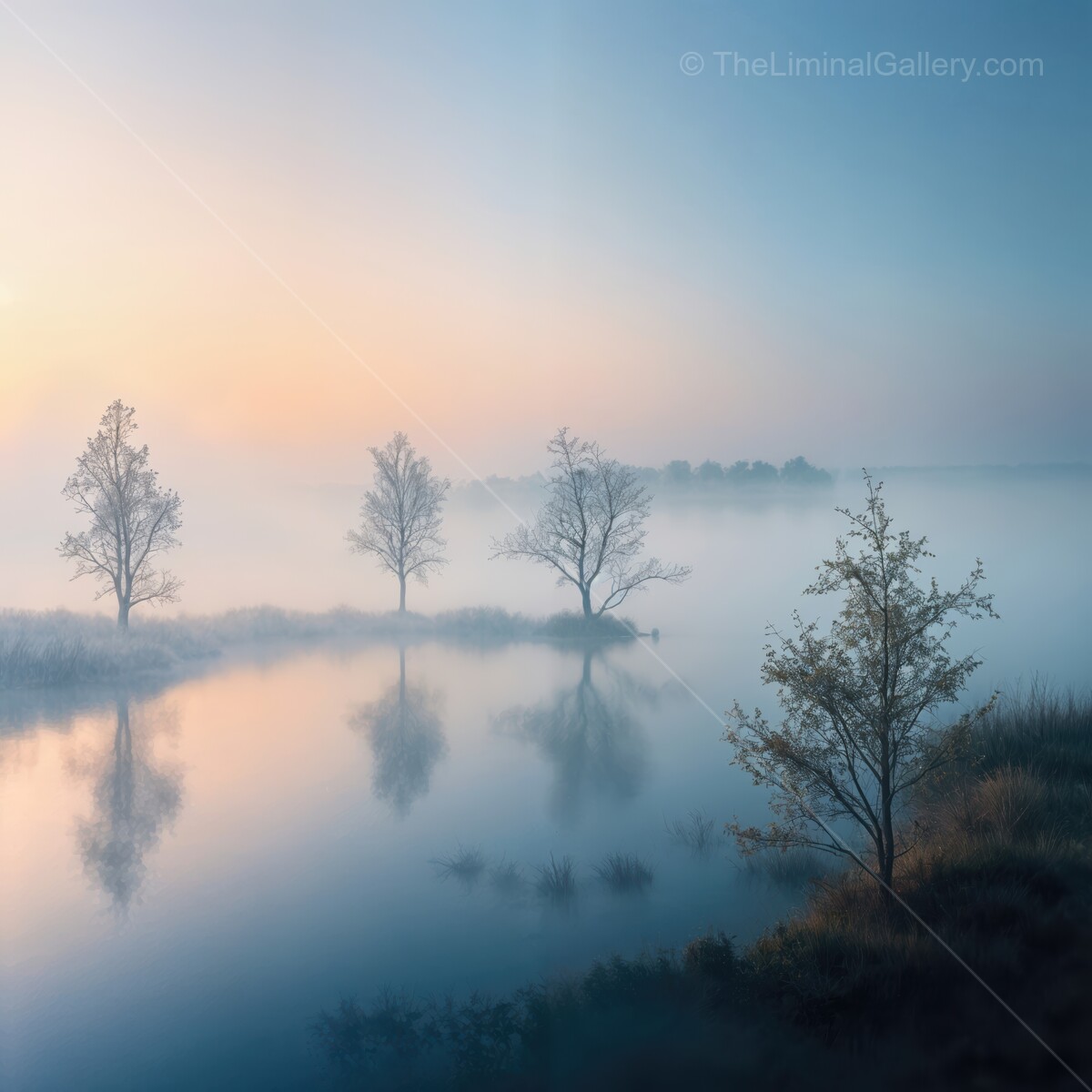 Misty liminal dawn envelopes serene lakeside landscape with silhouetted trees at sunrise