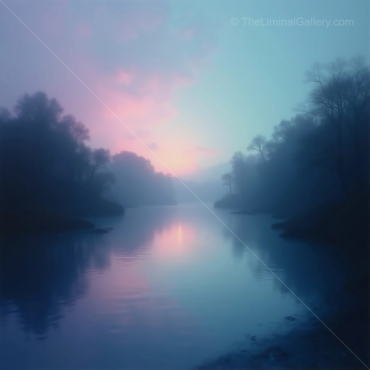 Misty dawn breaks over a tranquil river reflecting pastel hues in a serene landscape