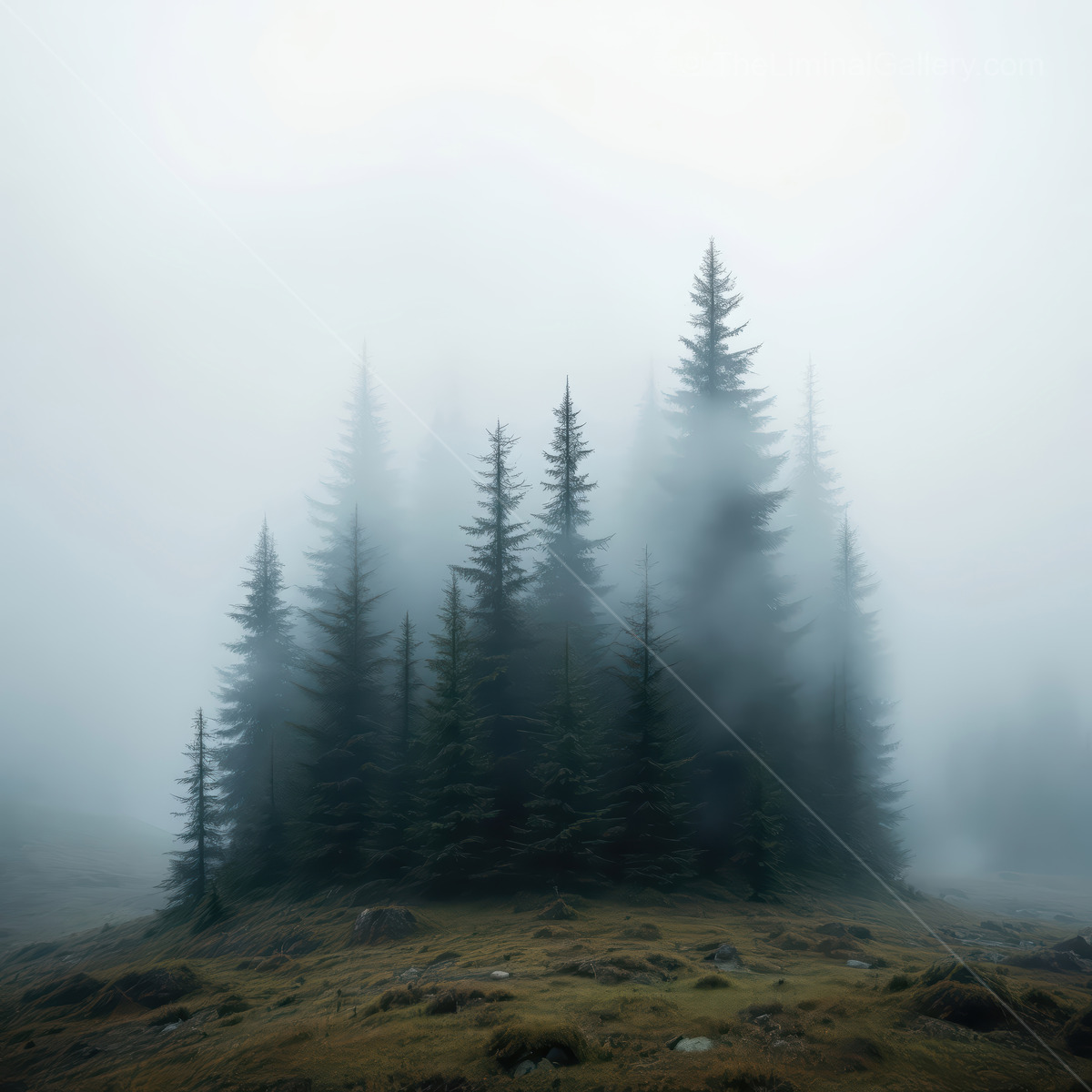 Enigmatic forest shrouded in mist creates a mysterious and dreamlike atmosphere at dawn
