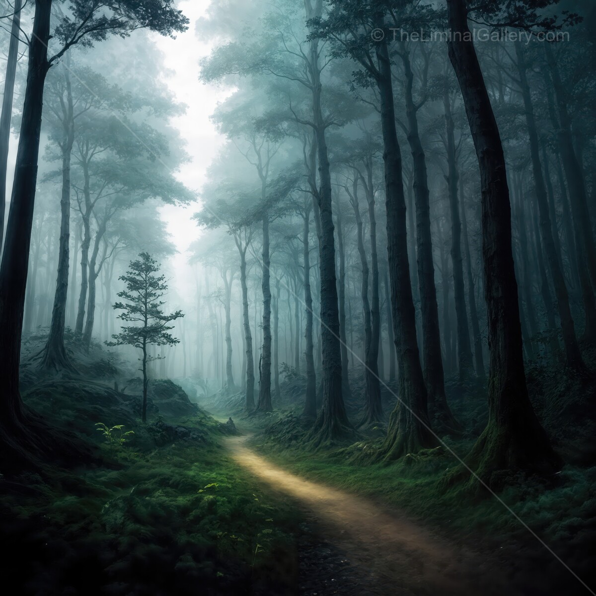 Mysterious mist settles over a serene liminal forest path at dawn, inviting exploration and discovery