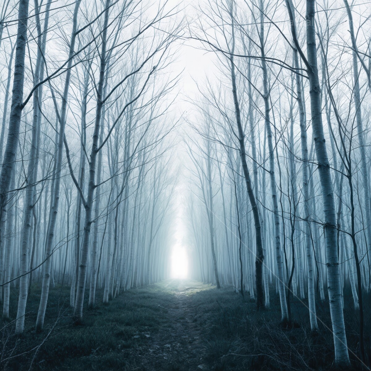 Misty forest path leads to a glowing light beyond the liminal trees in enchanting ambiance