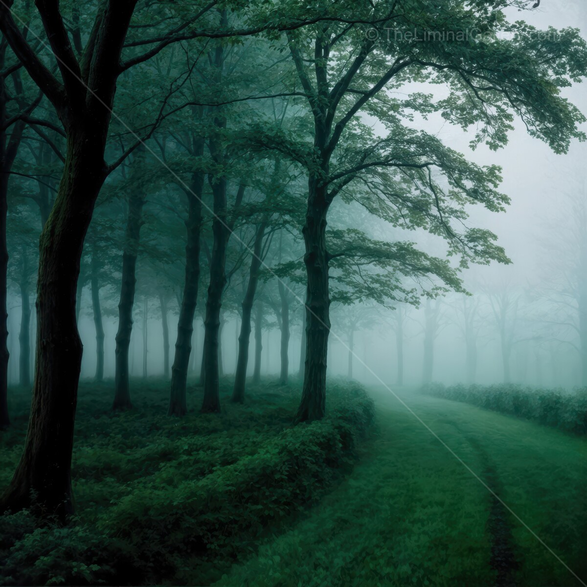 Misty liminal forest path winding through ancient trees on a tranquil morning
