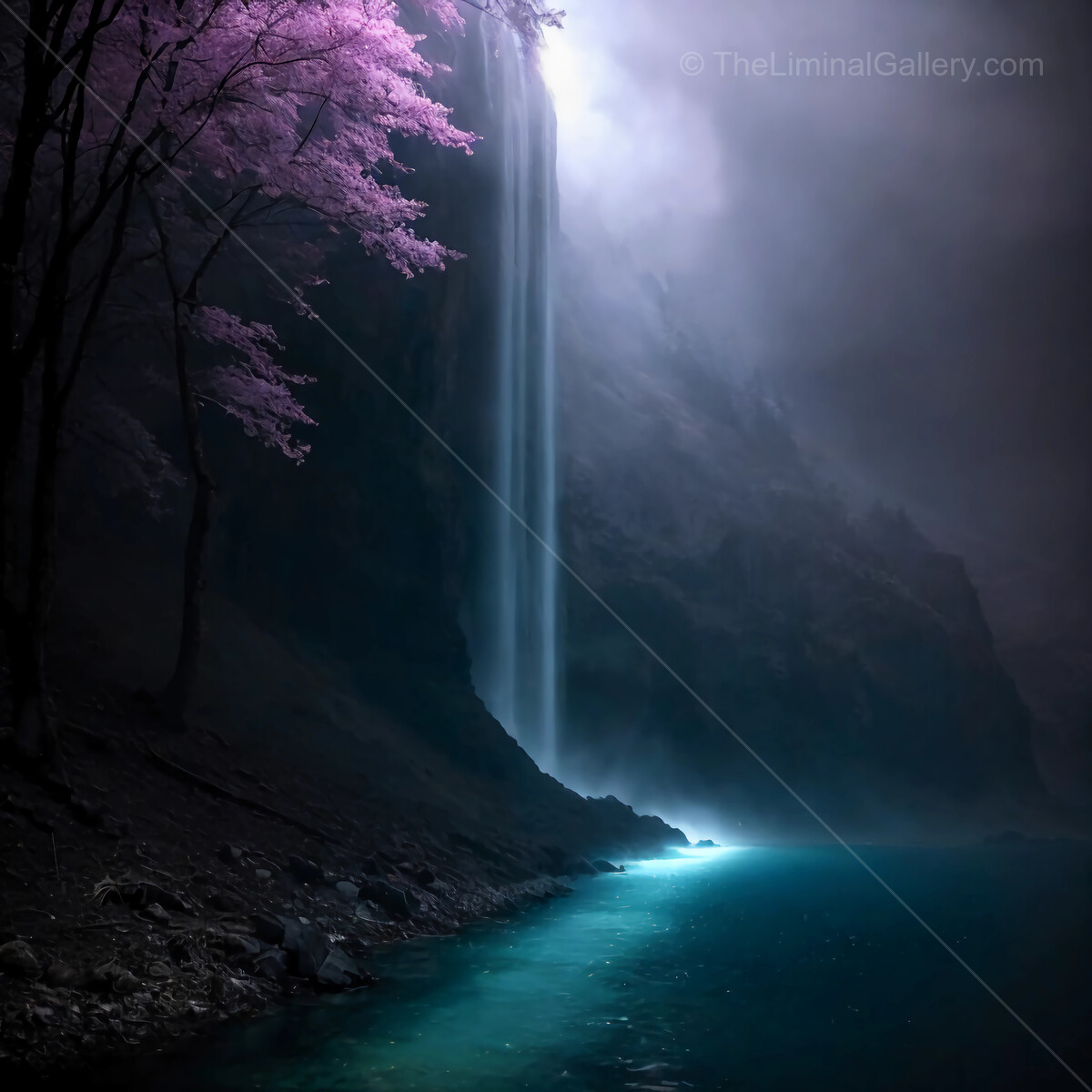 Majestic liminal waterfall cascades through misty forest with cherry blossoms under soft light