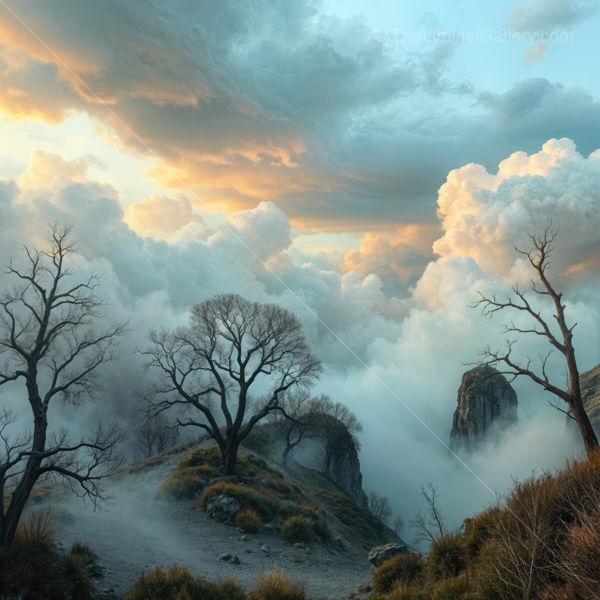 Misty landscape at dawn revealing silhouettes of trees and majestic clouds in soft hues