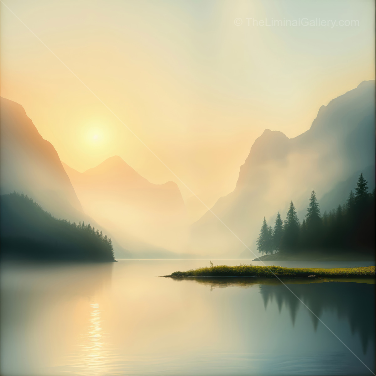 Serene dawn over misty mountains and tranquil lake reveals nature's quiet beauty