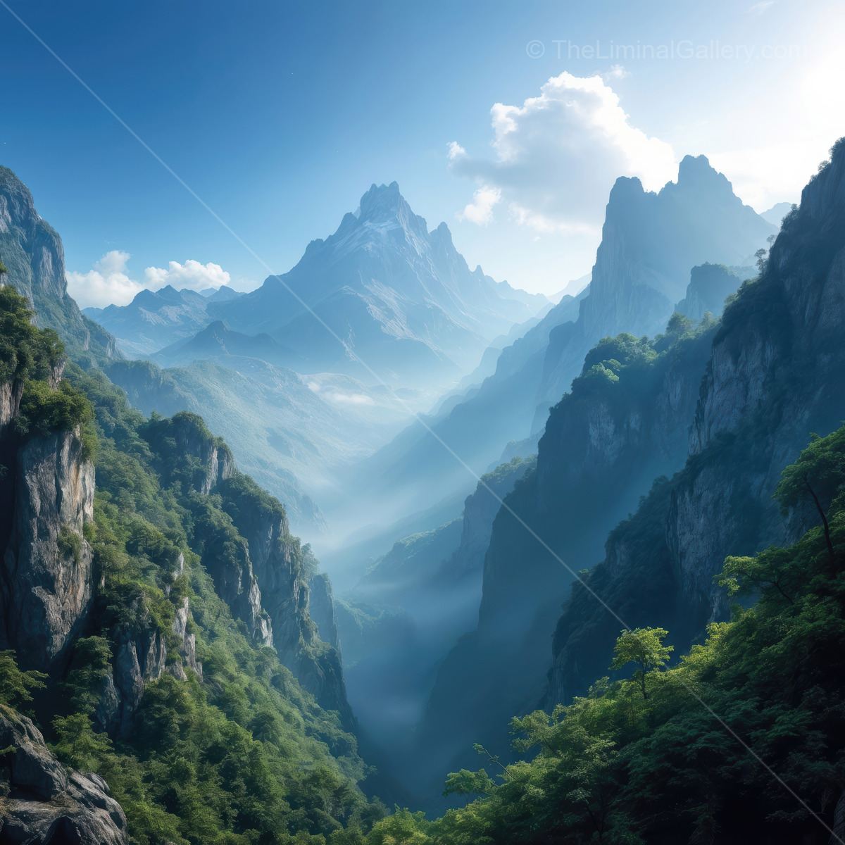 Majestic peaks and tranquil valleys enveloped in ethereal mist at dawn