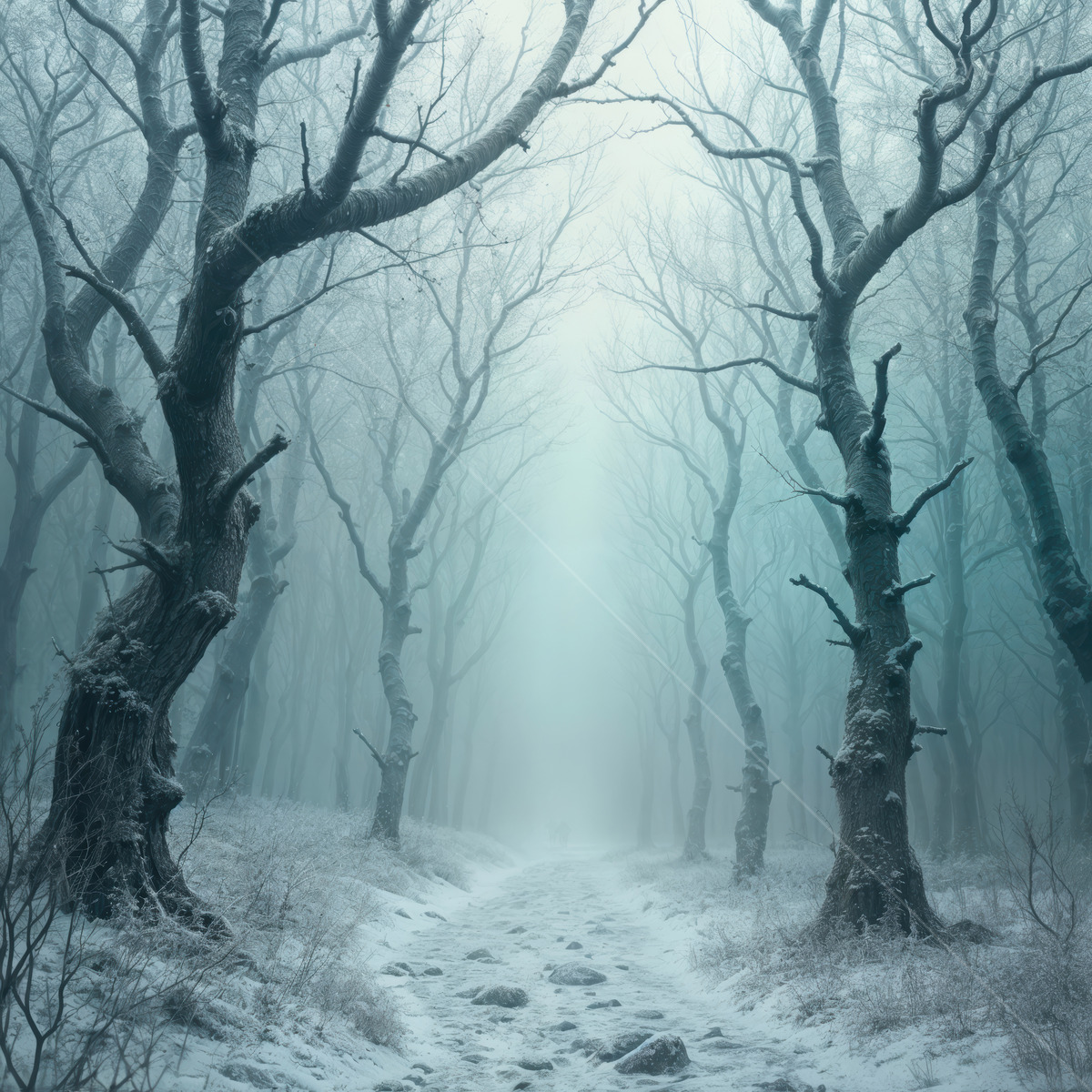Misty forest pathway invites exploration through winter's frozen grip, with towering trees reaching towards the ethereal light filtering through the fog