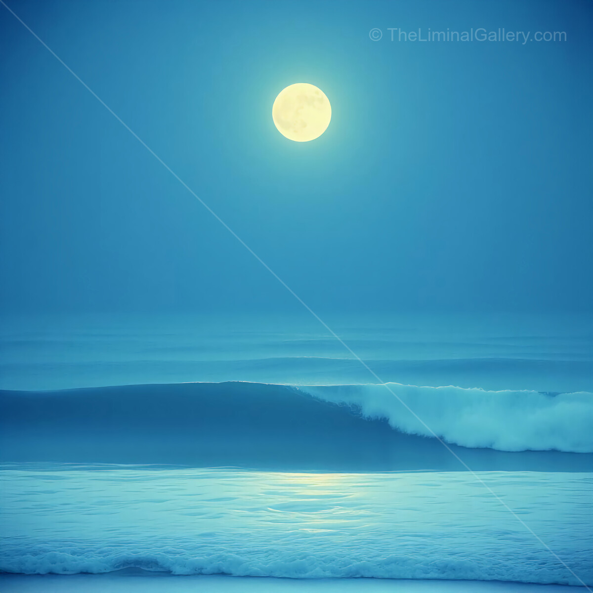 Moonlight bathes the tranquil liminal ocean waves in a soothing blue glow at night