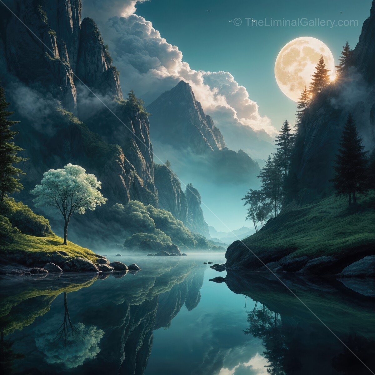 Moonlight casts a serene glow over a tranquil river valley surrounded by majestic mountains