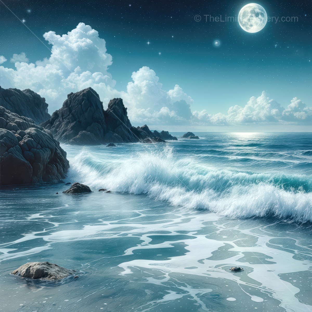 Exploration of liminal shores under the luminous full moon at twilight