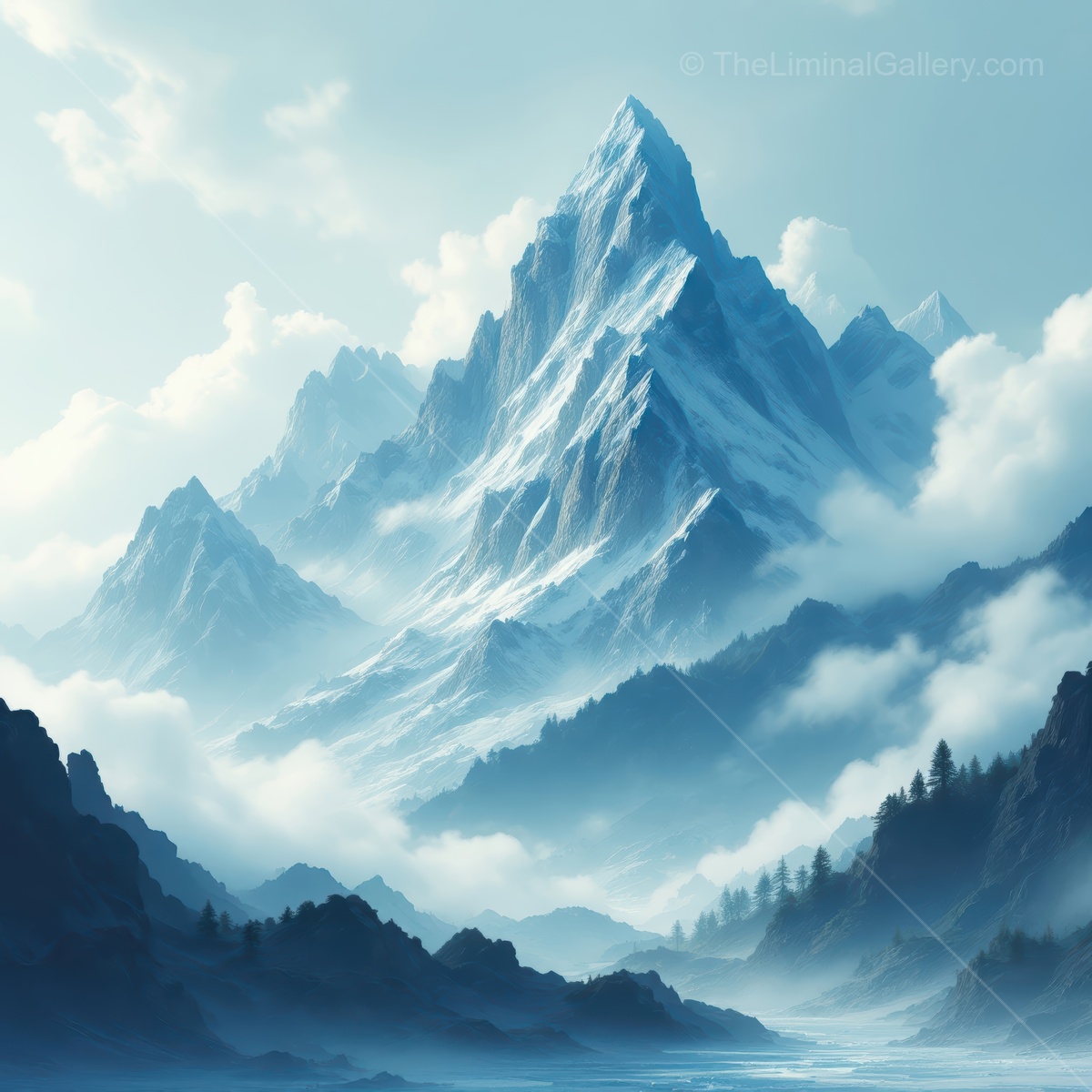 Majestic peaks emerge from the shroud of morning mist in a dreamlike landscape of ethereal beauty