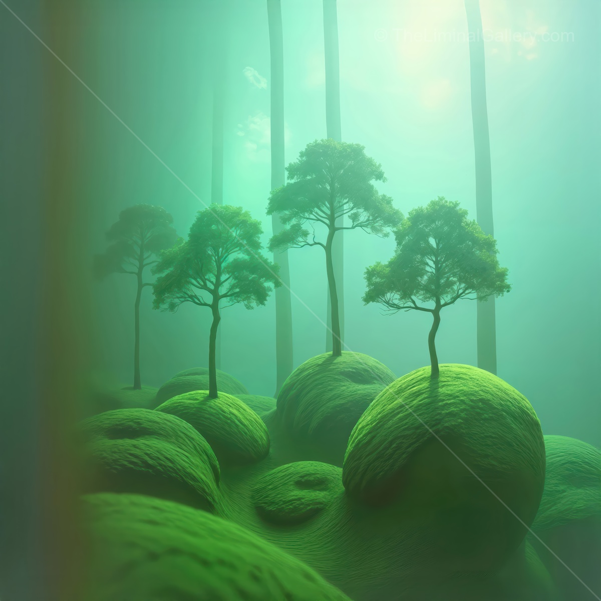 Enchanting grove of green moss-covered hills under a mystical light in a serene forest landscape