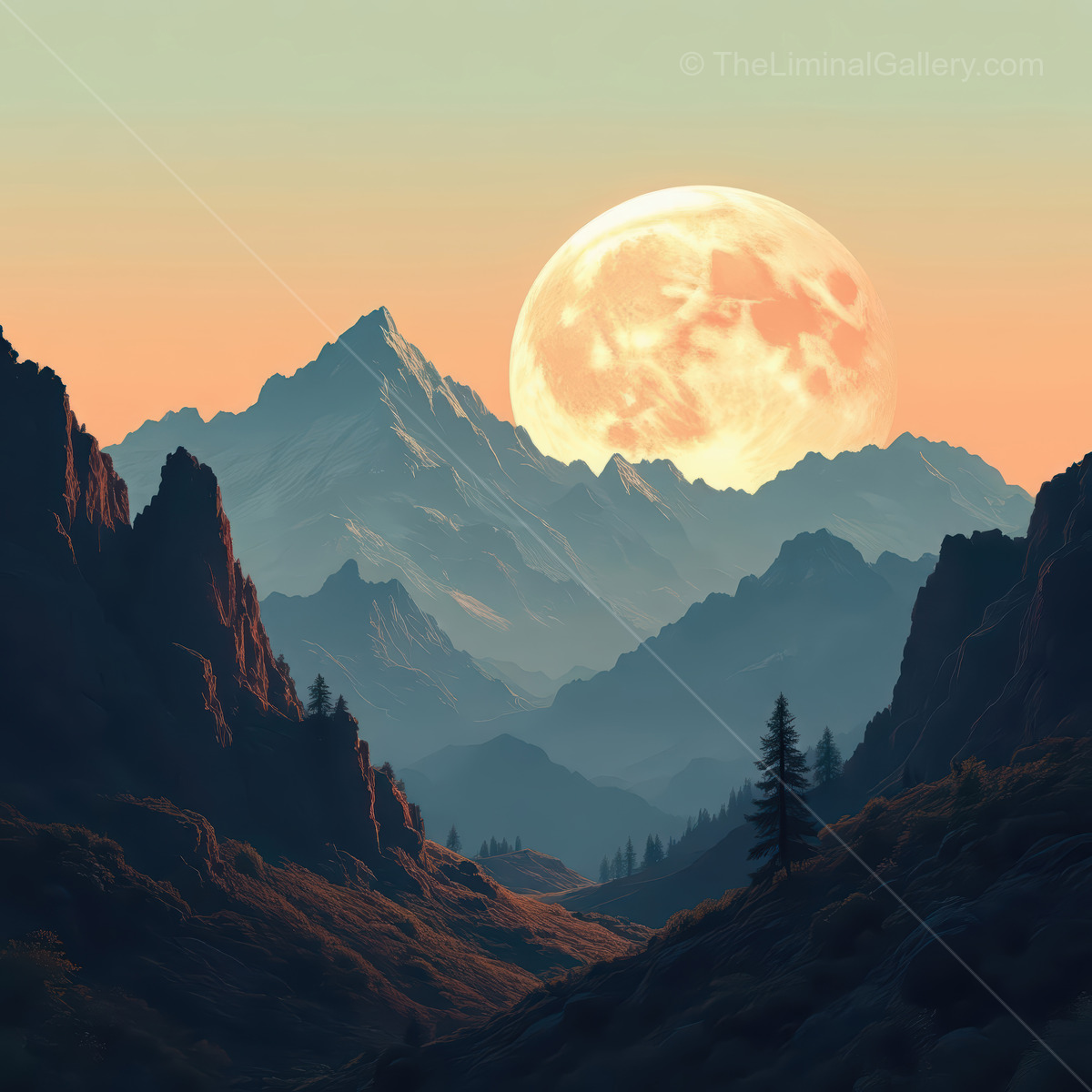 Majestic mountains embrace a full moon at dusk, casting a magical glow over the serene landscape and creating a breathtaking vista of nature's beauty