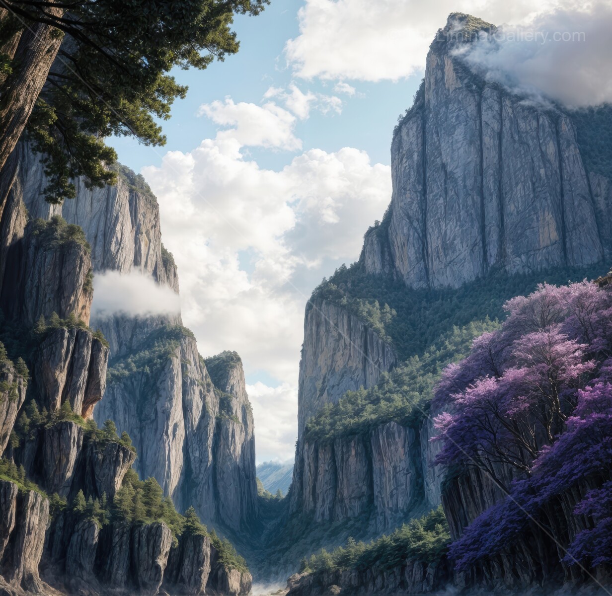 Majestic mountains rise above a vibrant valley adorned with blooming flowers under a bright blue sky