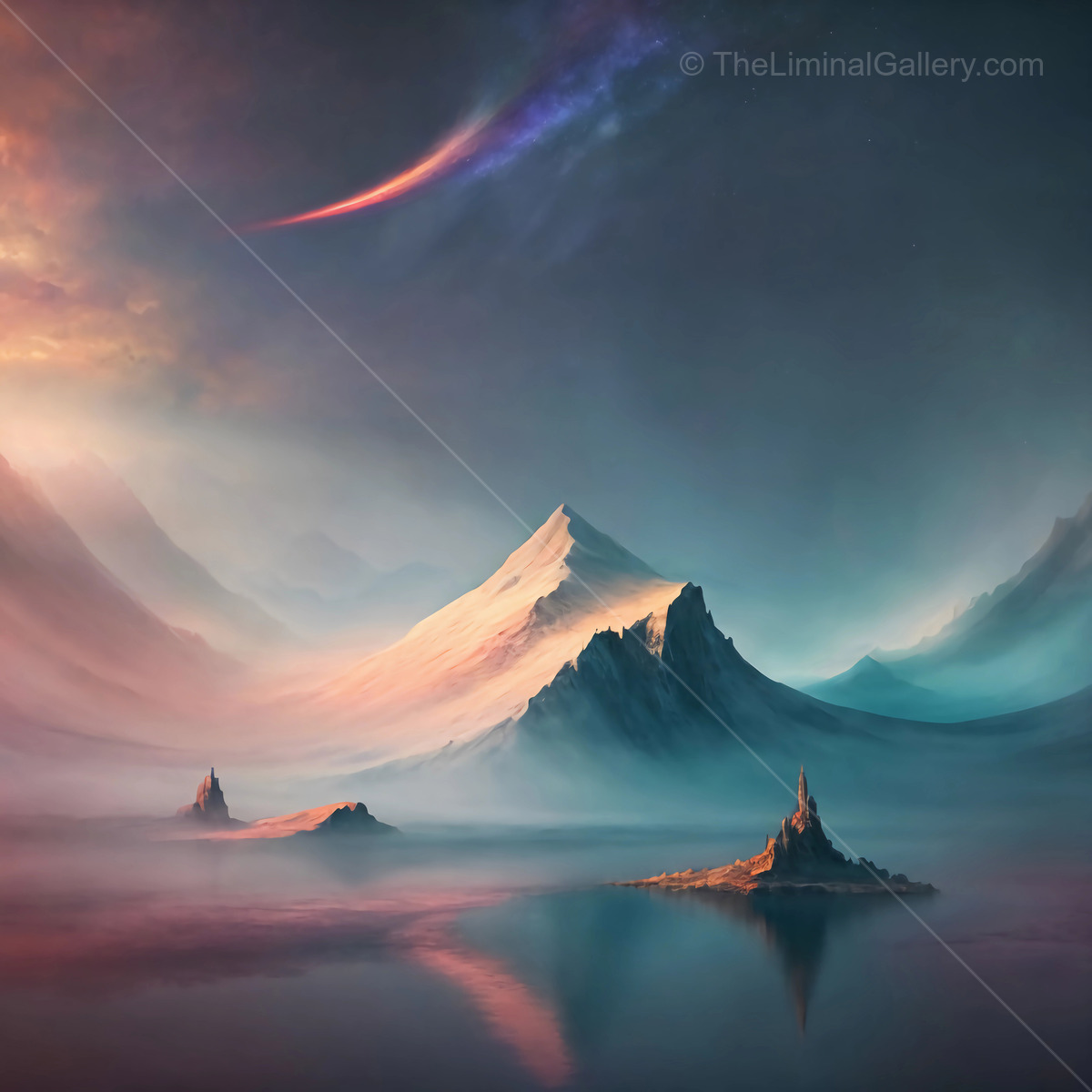 Majestic mountains and ethereal skies create a breathtaking landscape at twilight in a distant realm