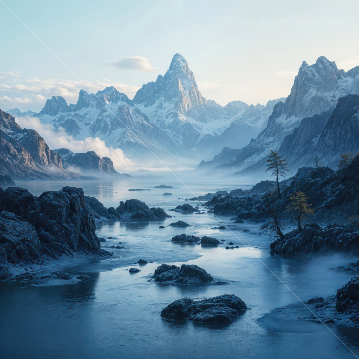Exploring the mystical liminal landscape of towering mountains and serene waters at dawn