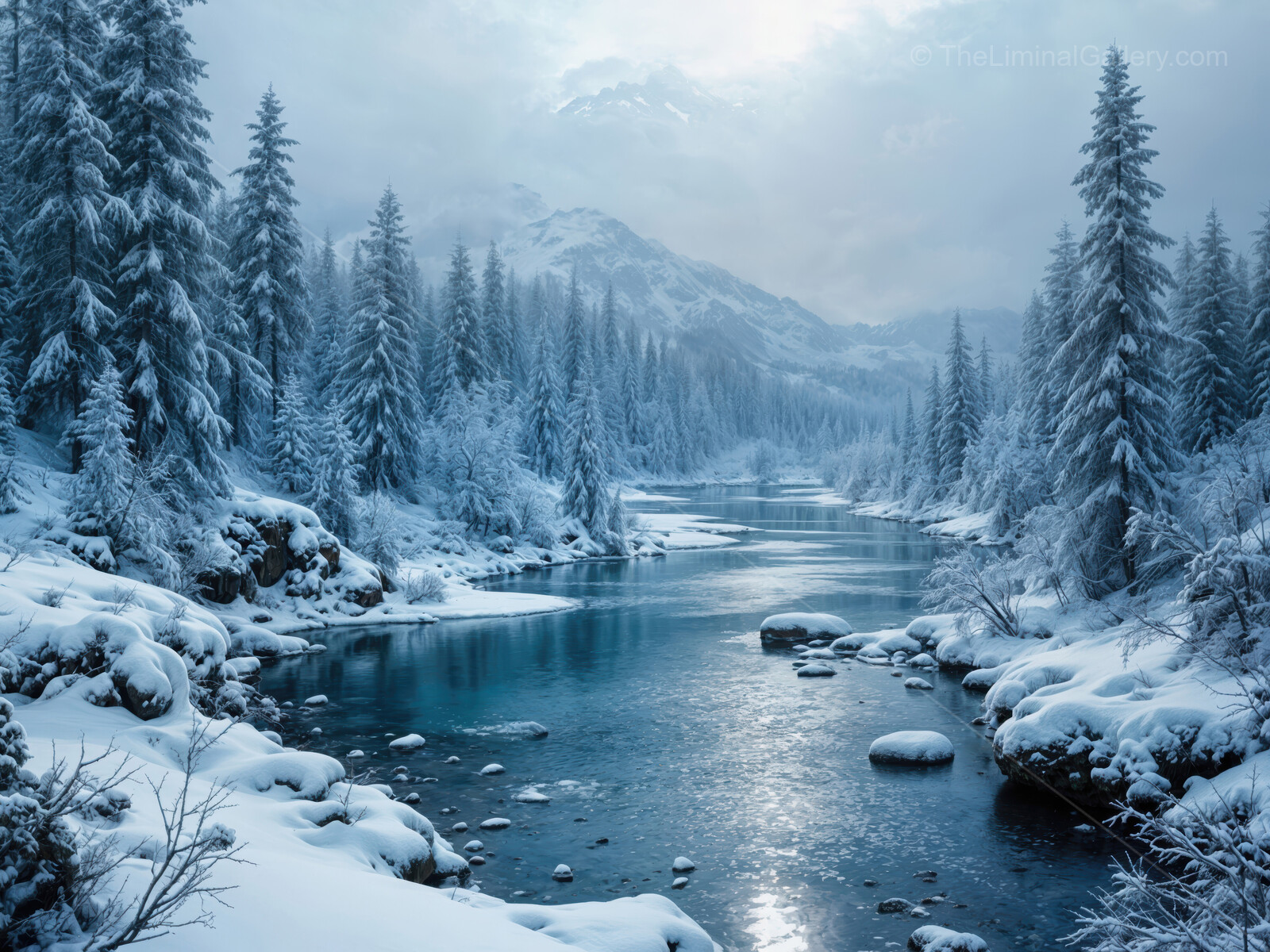Enchanting winter landscape where serenity meets the liminal beauty of a snowy river in the mountains