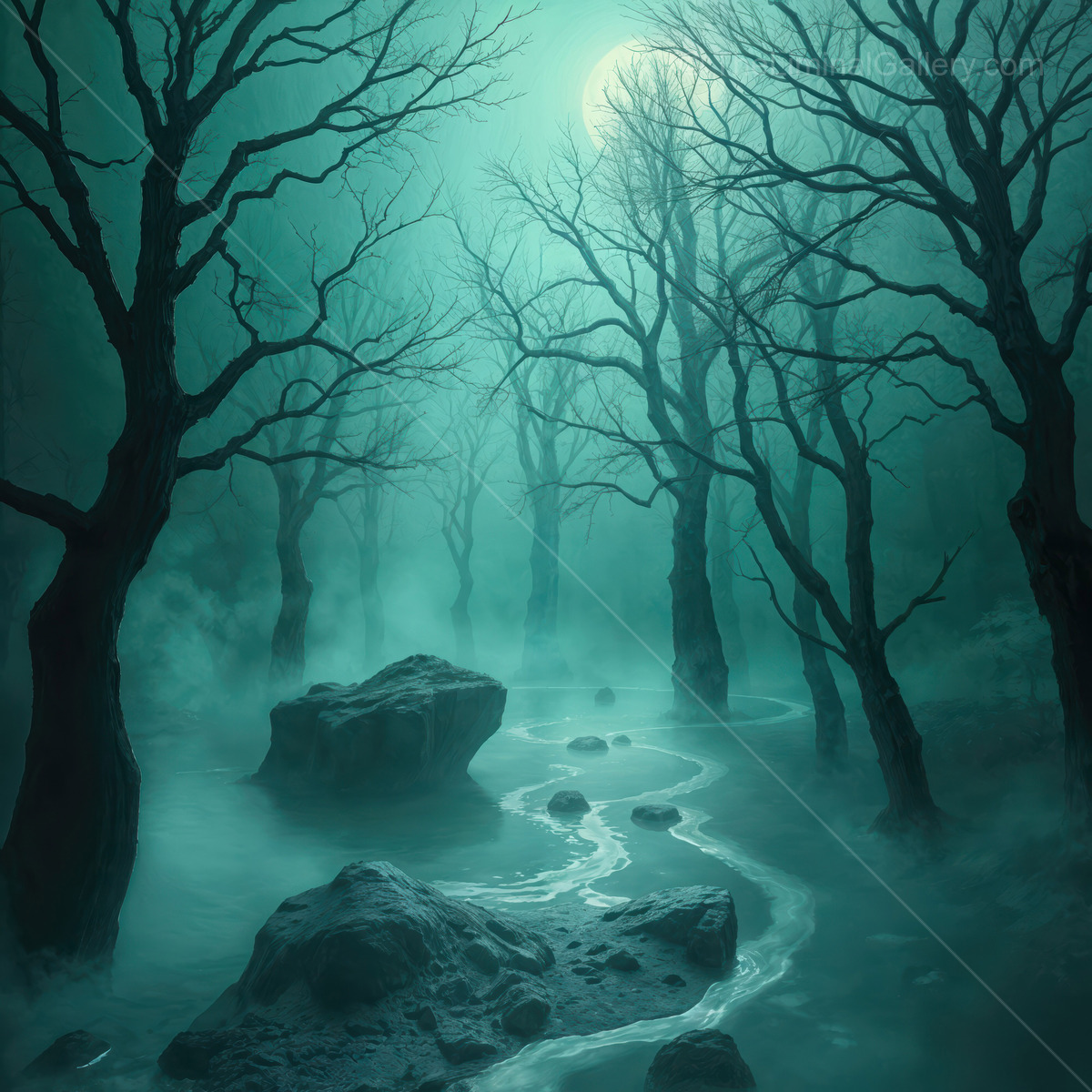 Mysterious liminal fog envelops an eerie forest under the glow of a full moon at night