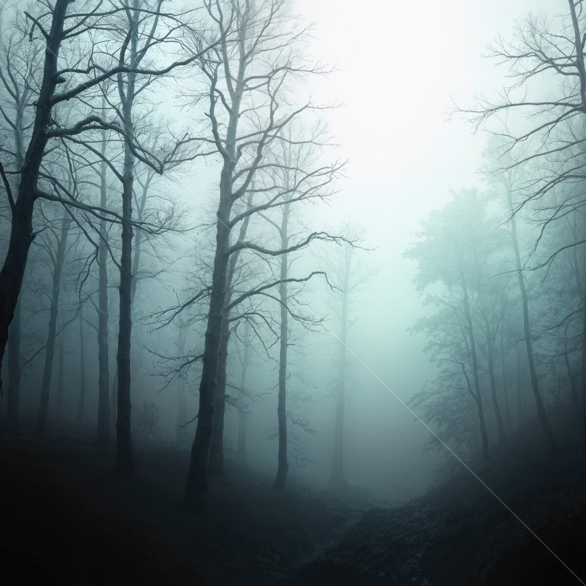 Mysterious fog envelops a serene forest as trees stretch towards the pale sky