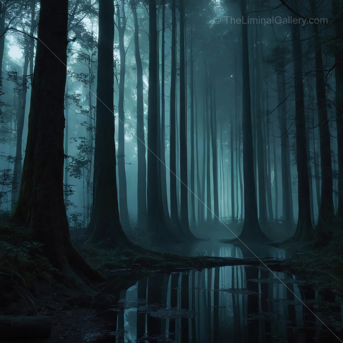 Mysterious liminal forest shrouded in mist, inviting exploration in the tranquil twilight
