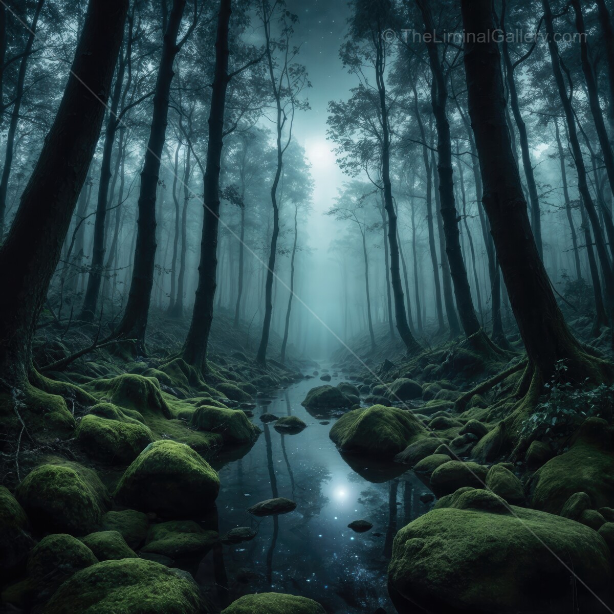 Mysterious liminal mist envelops a tranquil forest stream under the moonlit sky