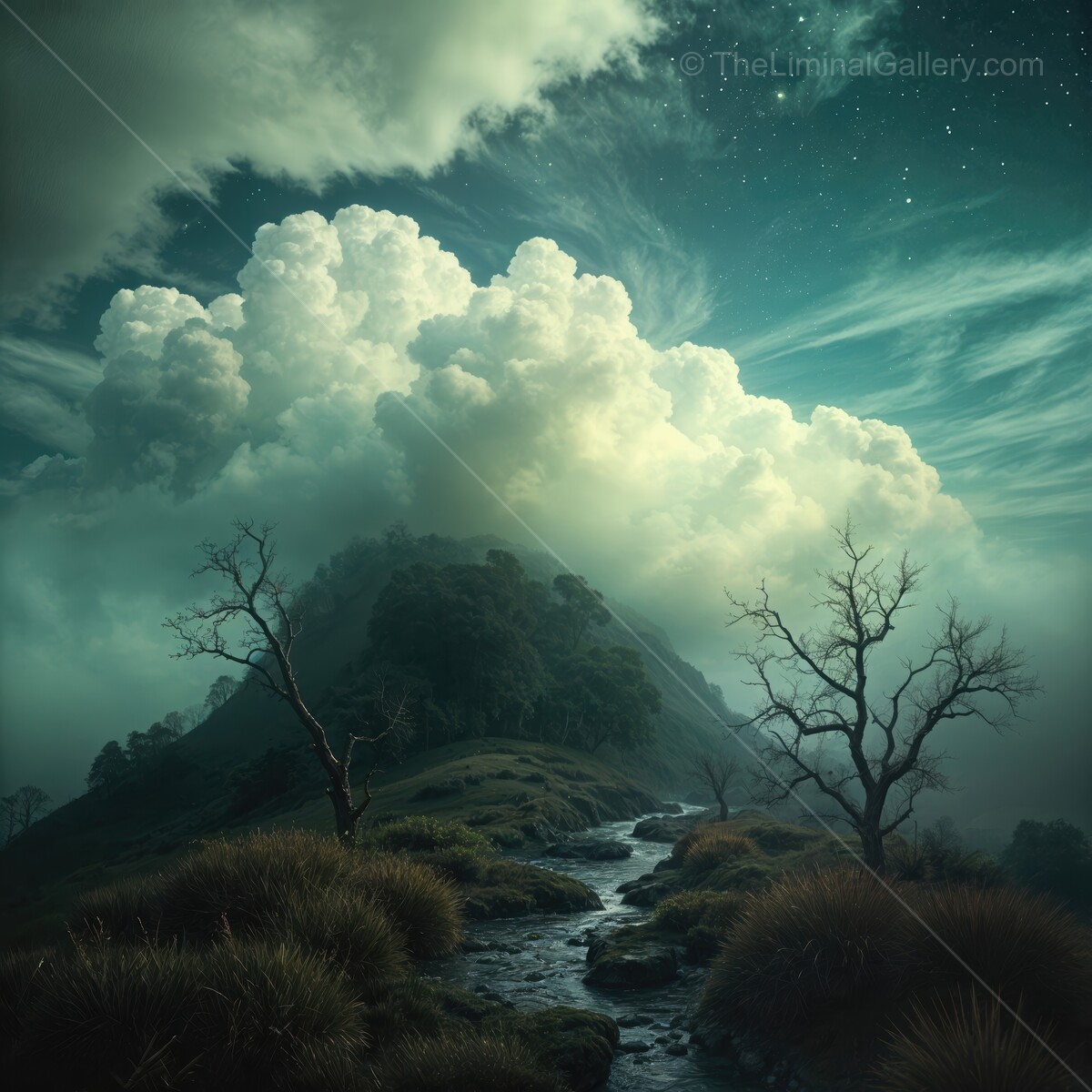 Mysterious night sky over a winding path leading to a foggy hilltop landscape