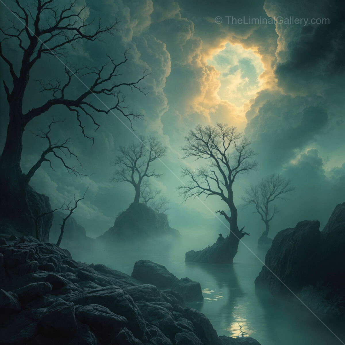 Mysterious twilight envelops a foggy swamp  with ancient trees under swirling clouds