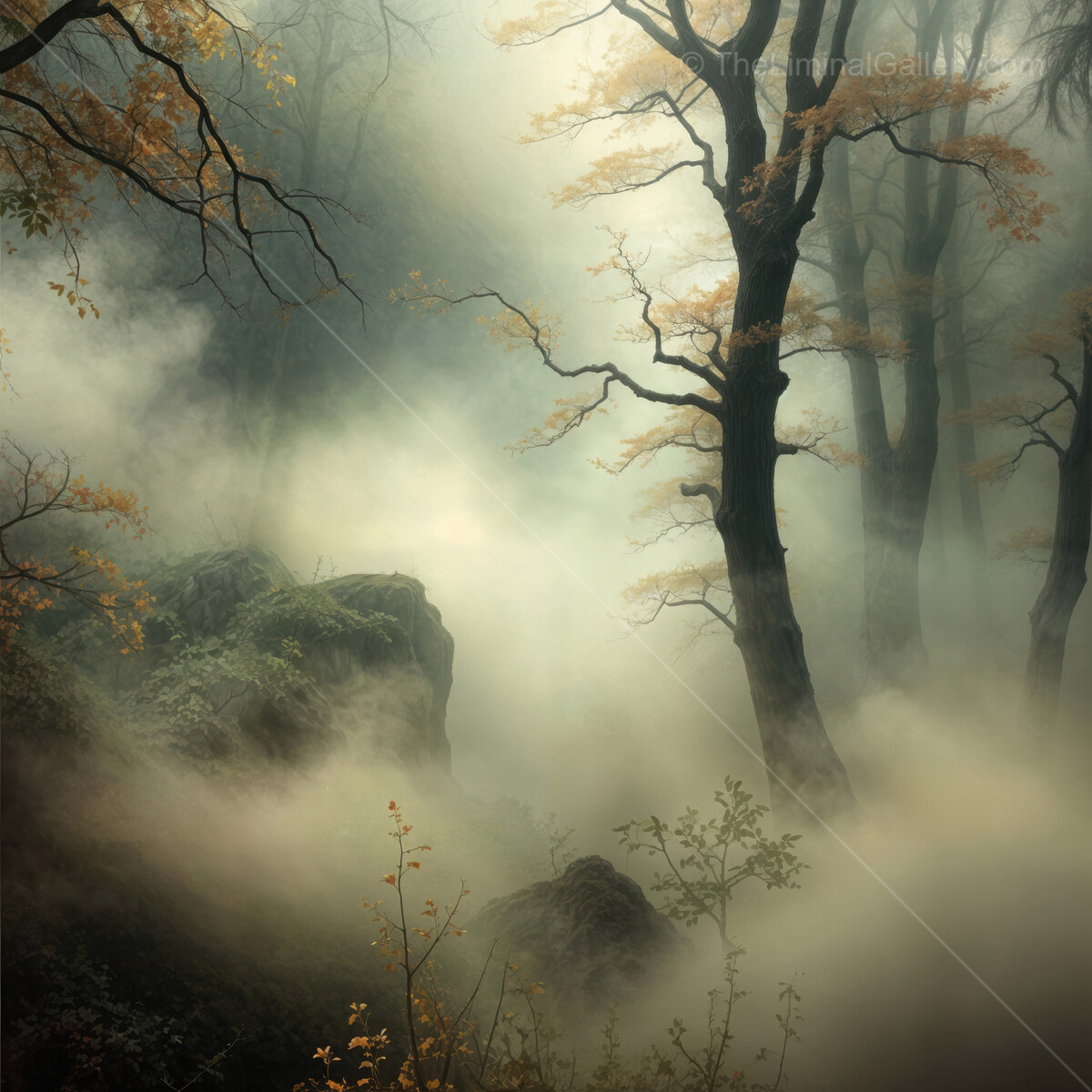 Mystical fog enveloping the enchanted forest creates an ethereal atmosphere at dawn