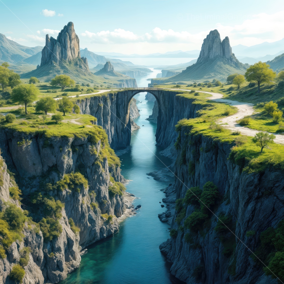 Quaint natural bridge bridging two towering cliffs amidst the serene flow of a river in a dreamy landscape