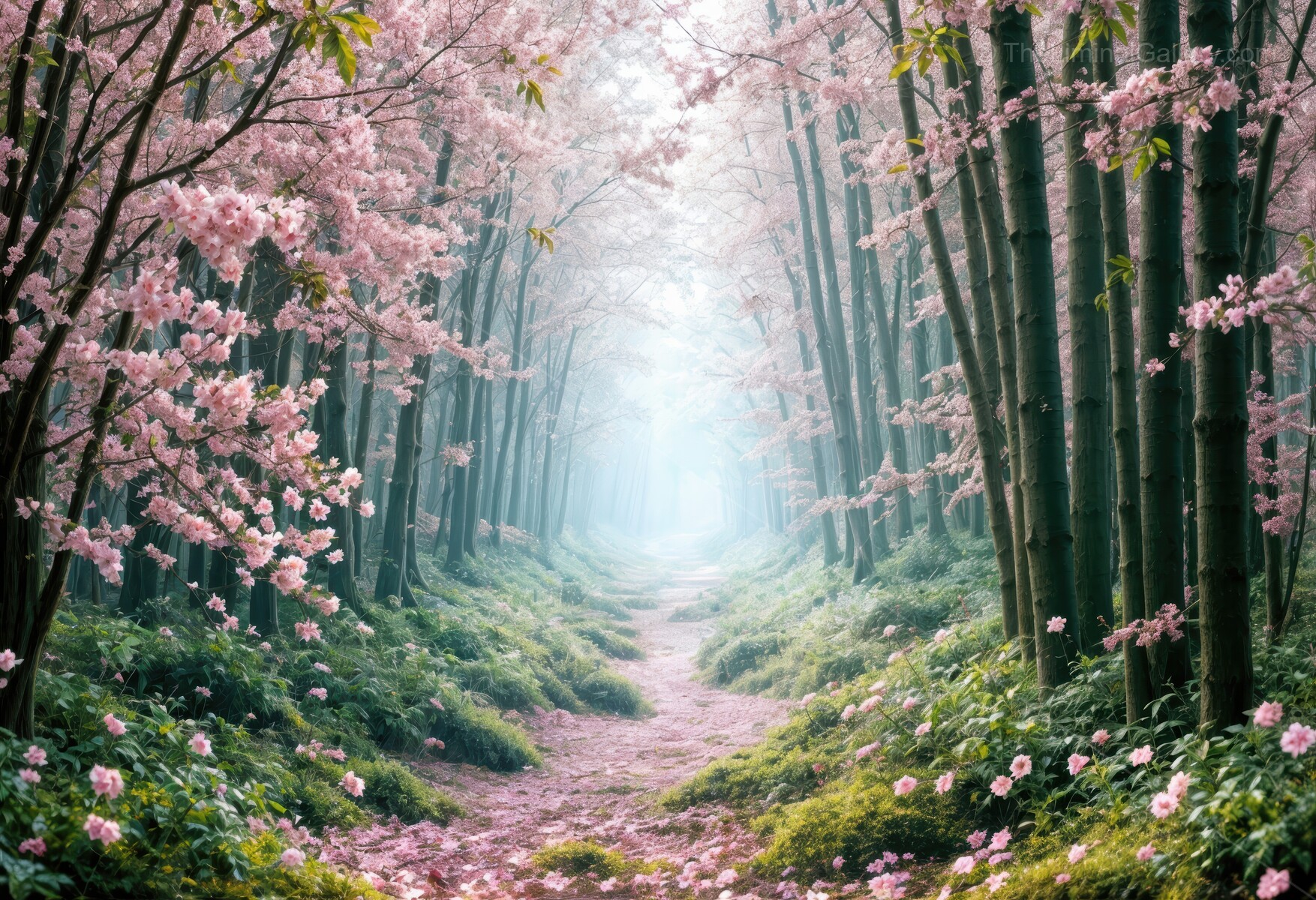 Gentle whispers of a pastel forest awakening under the soft embrace of morning light