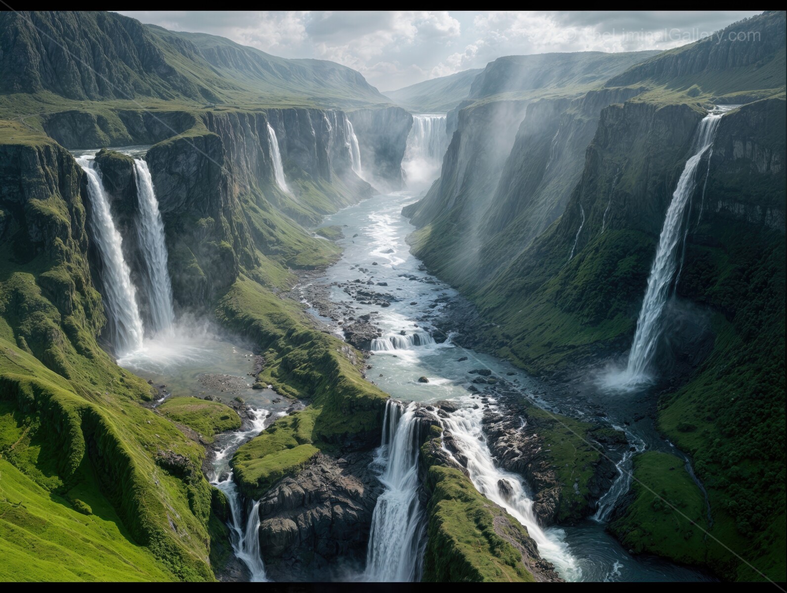 Majestic waterfalls cascading through lush green valleys under a dramatic sky in Iceland's breathtaking landscape