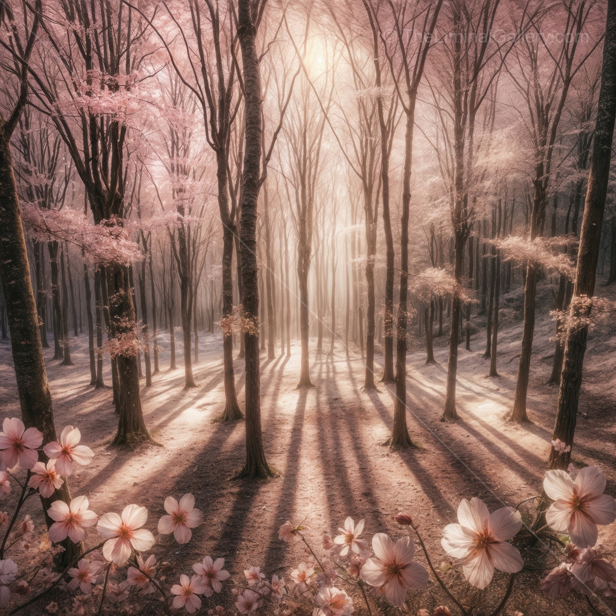 Mysterious pink forest enveloped in soft light during the serene time of dawn