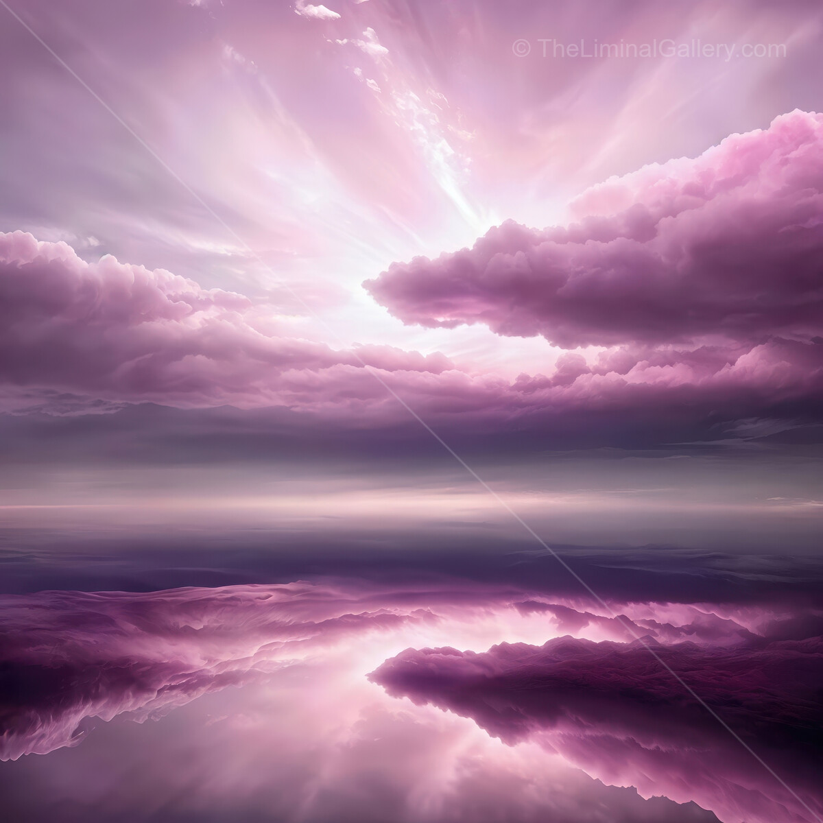 Majestic liminal pink and purple clouds reflect beautifully over tranquil waters at sunset