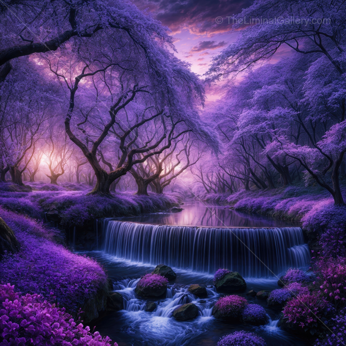 Exploring the enchanting beauty of a liminal purple forest at twilight with a serene waterfall