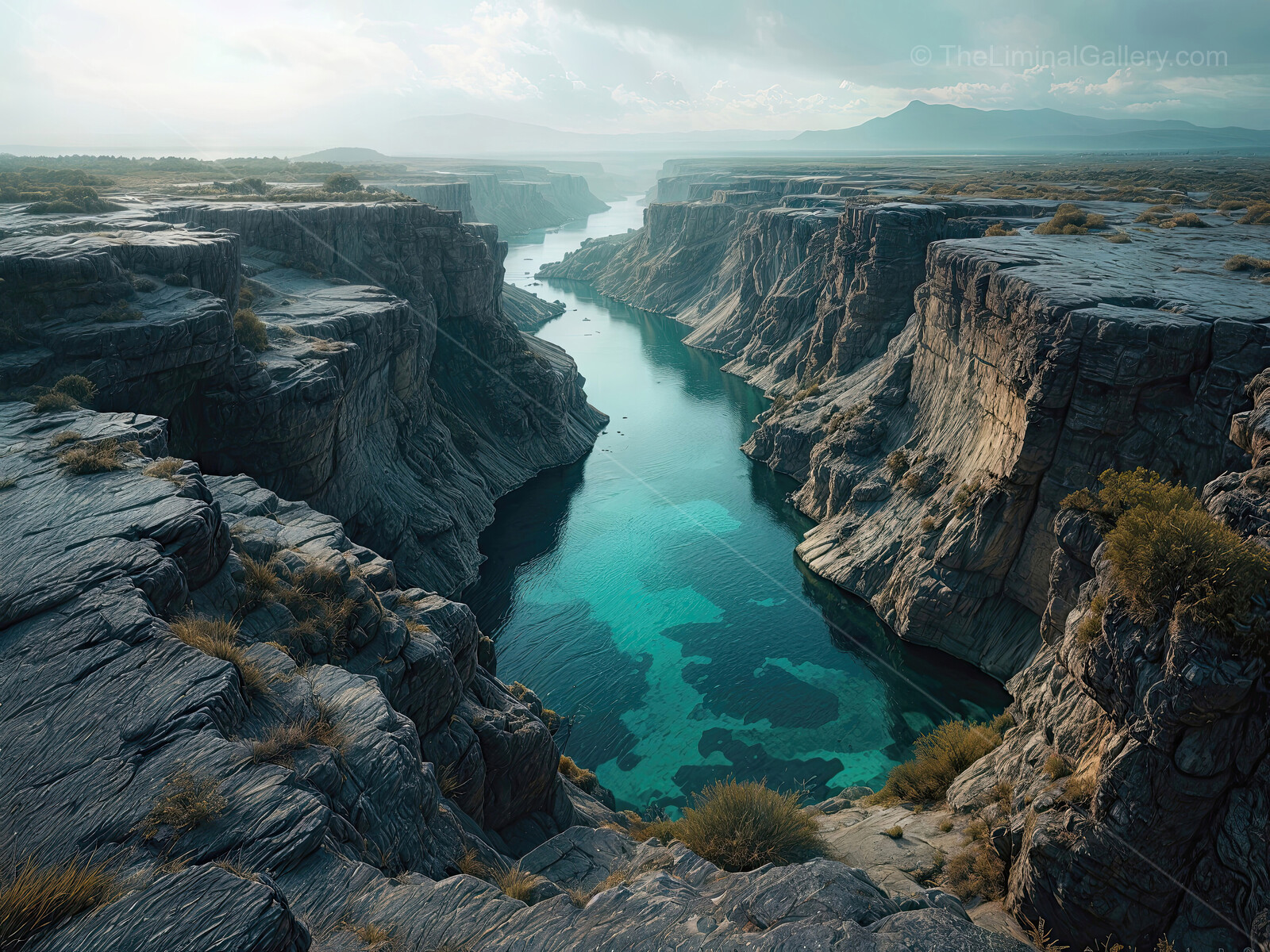 Exploring the surreal beauty of a liminal river canyon at dawn's soft embrace