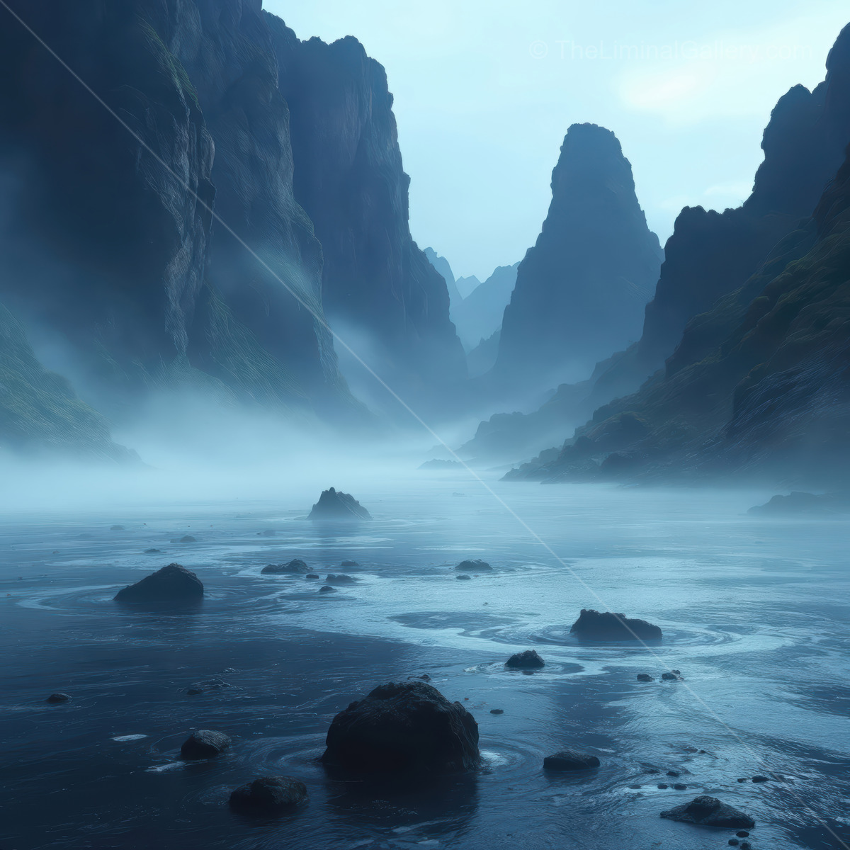 Misty river flows through towering cliffs creating a surreal liminal landscape at dawn