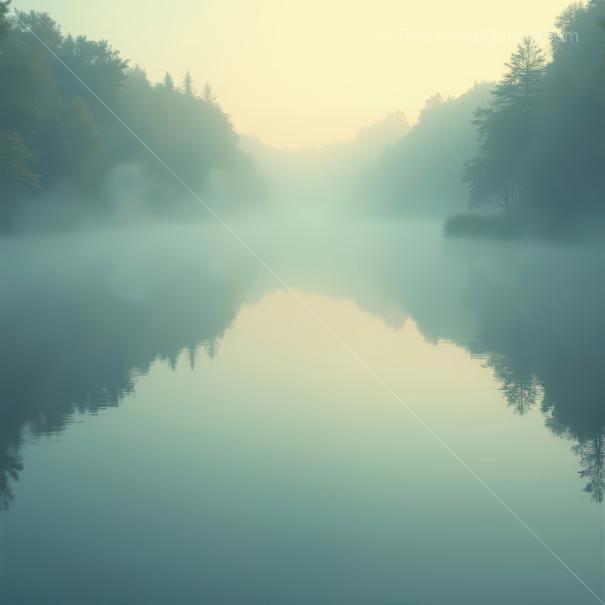 Misty river reflecting serene trees under the soft glow of early morning light