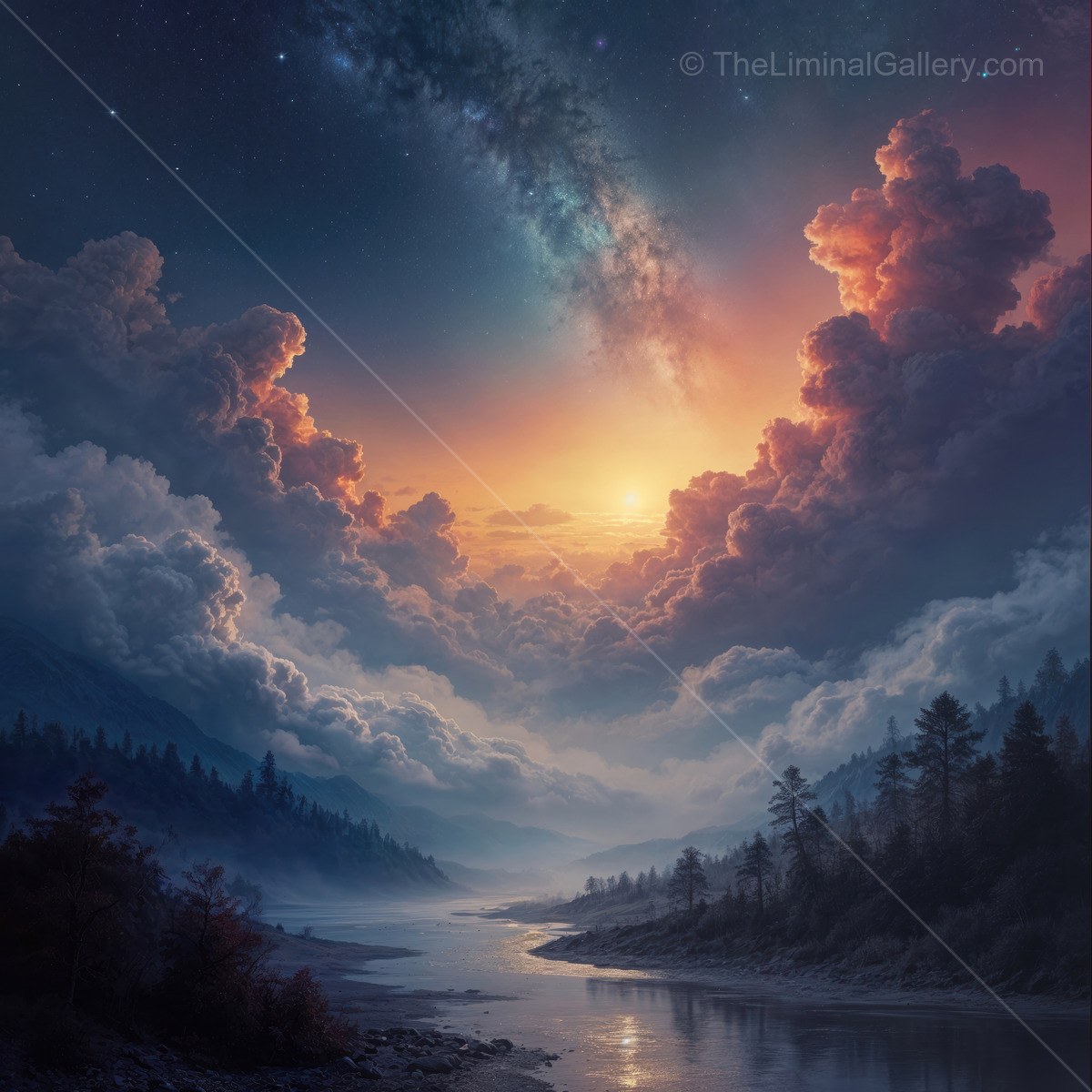 Exploring the liminal space where vibrant colors meet serene reflections at dusk along a tranquil river valley