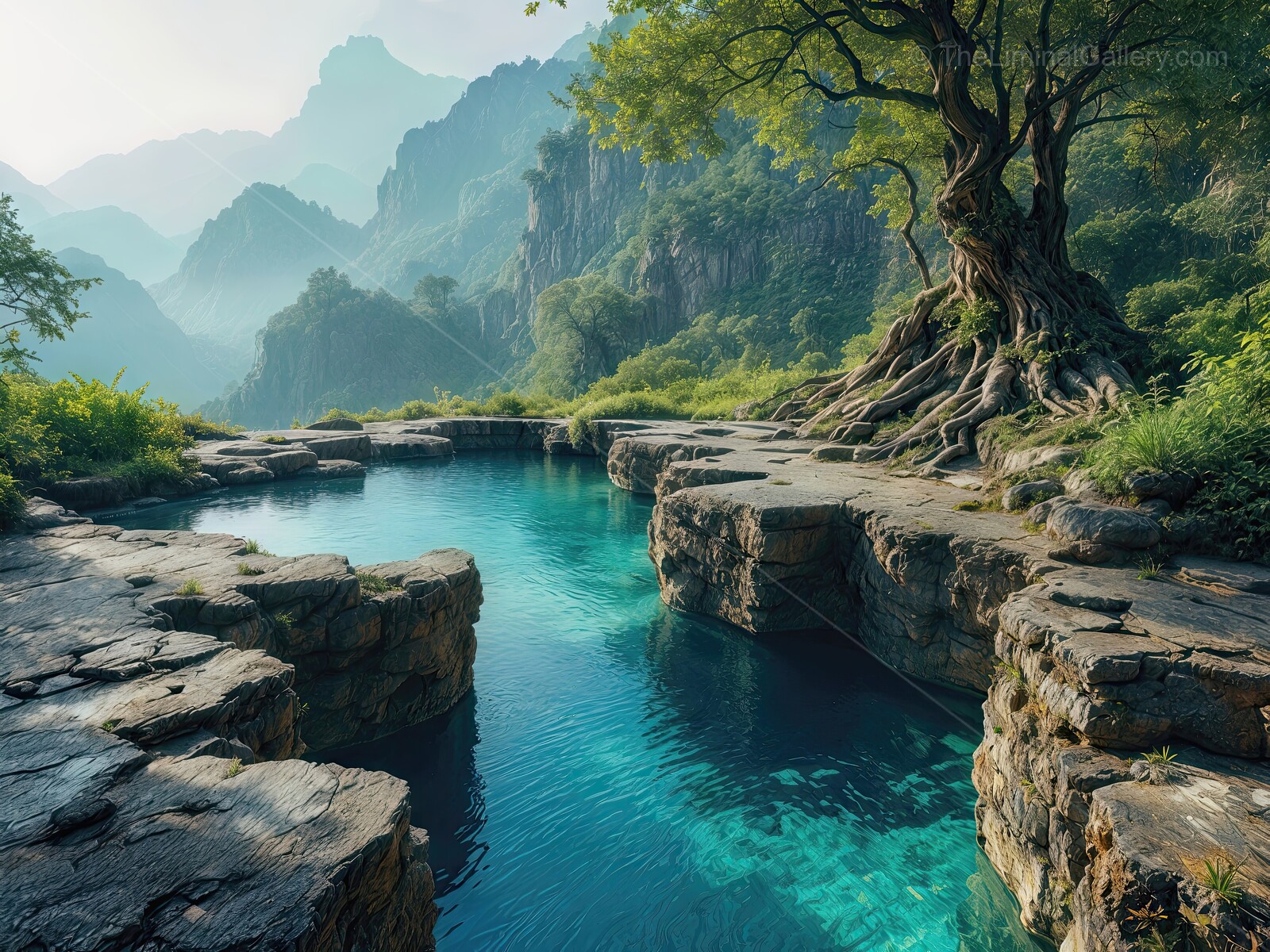 Exploring serene rocky pools in a mystical landscape surrounded by lush mountains and ancient trees