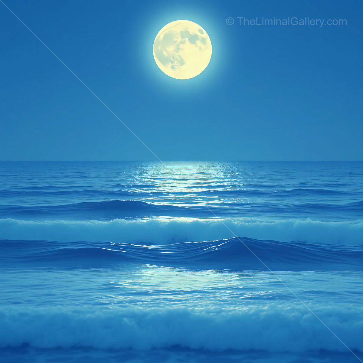 Serene liminal night by the ocean under a luminous full moon casting reflections on gentle waves