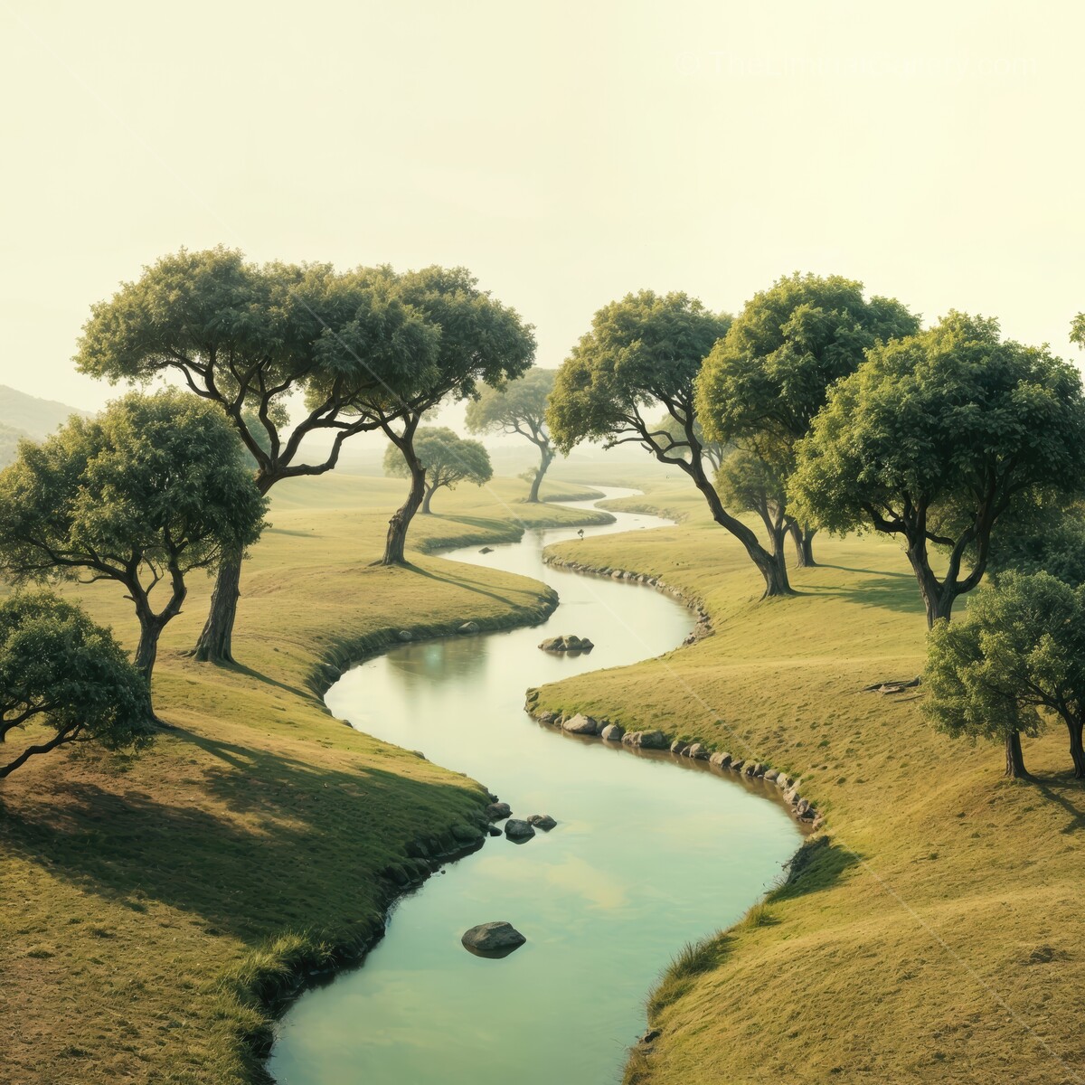 Serene river winding through lush green fields under a soft, bright sky during golden hour