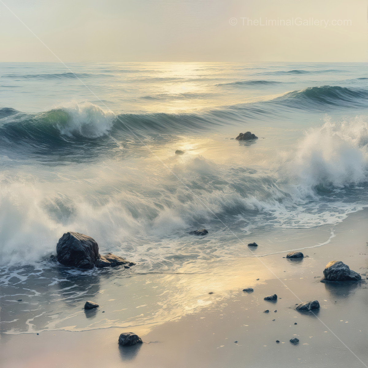 Liminal shores where ocean waves gently caress the silent sands at sunset