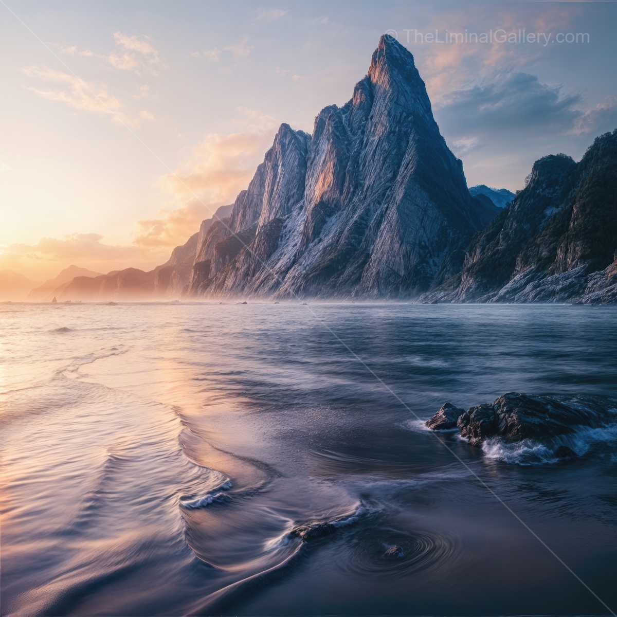 Secluded shoreline surrounding majestic cliffs beneath a pastel sky at twilight