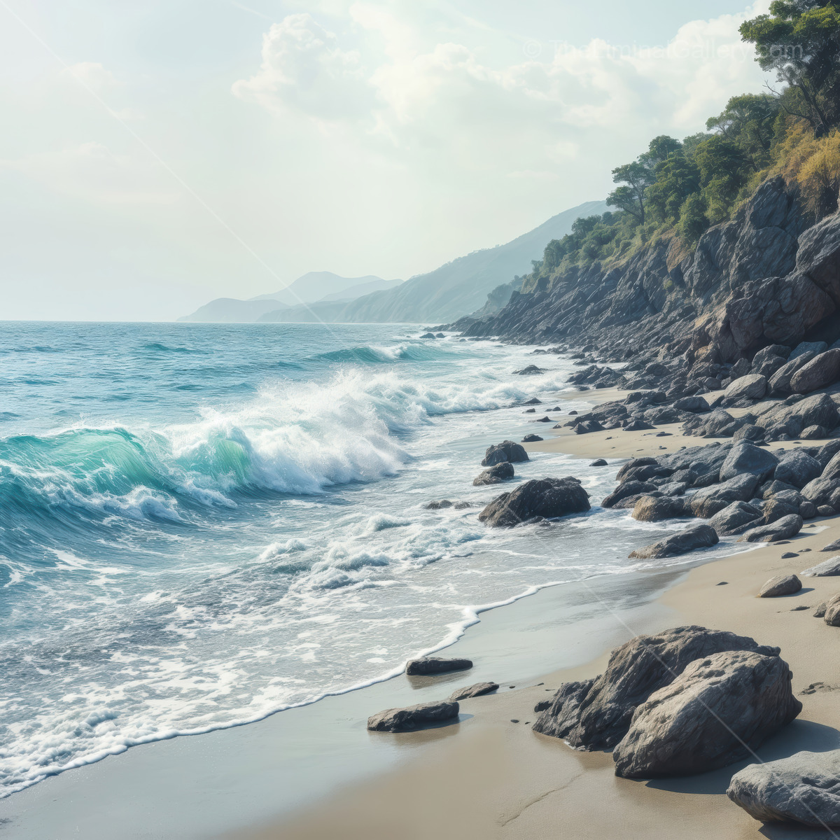Liminal shoreline where gentle waves meet rugged cliffs under a hazy sky at dawn