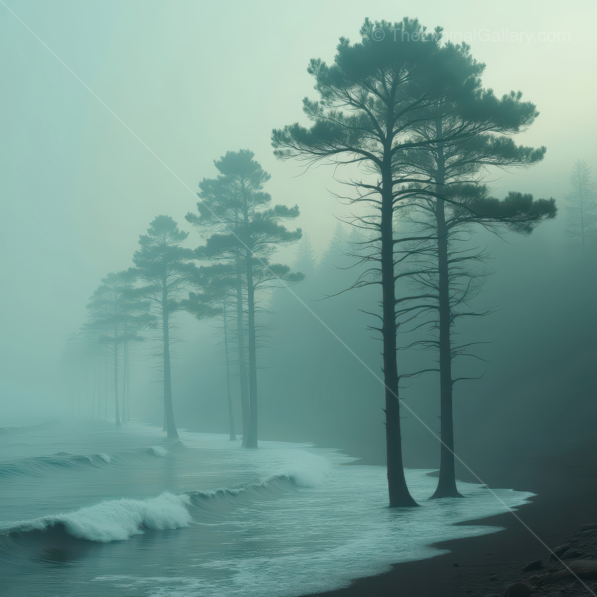 Misty shoreline where trees meet waves in tranquil liminal landscape at dawn