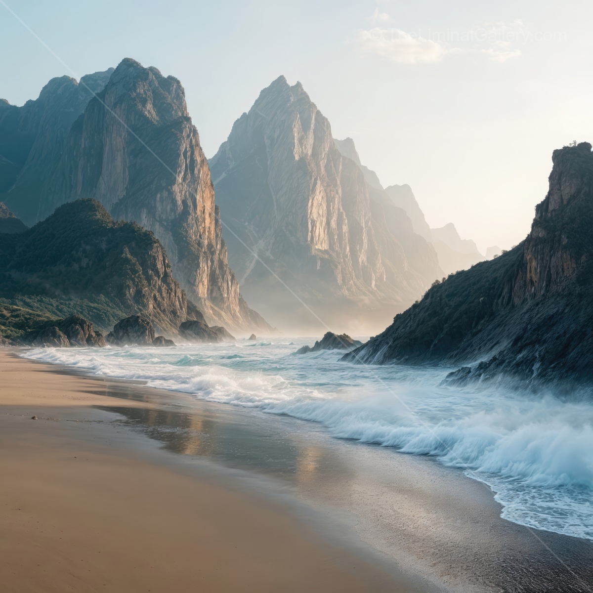 Mystical shoreline retreat with rocky mountains at dawn revealing a tranquil ocean vista