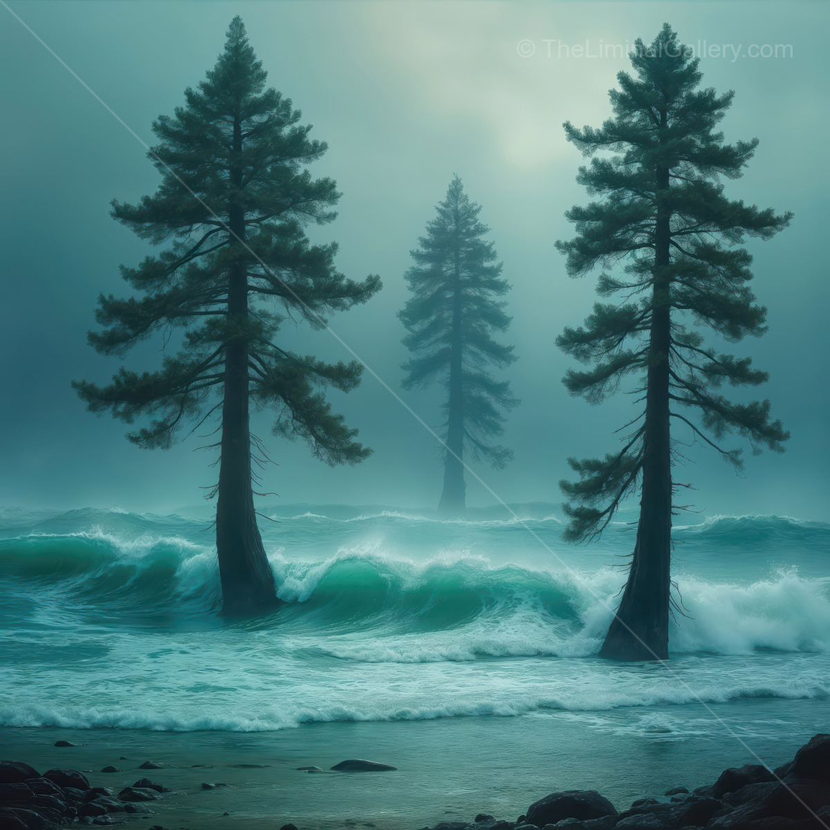 Misty shoreline where ancient trees stand watch over turbulent waves in a surreal world