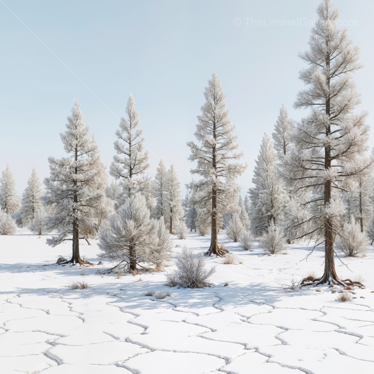 Snowy liminal forest landscape with tall pine trees and a serene winter atmosphere