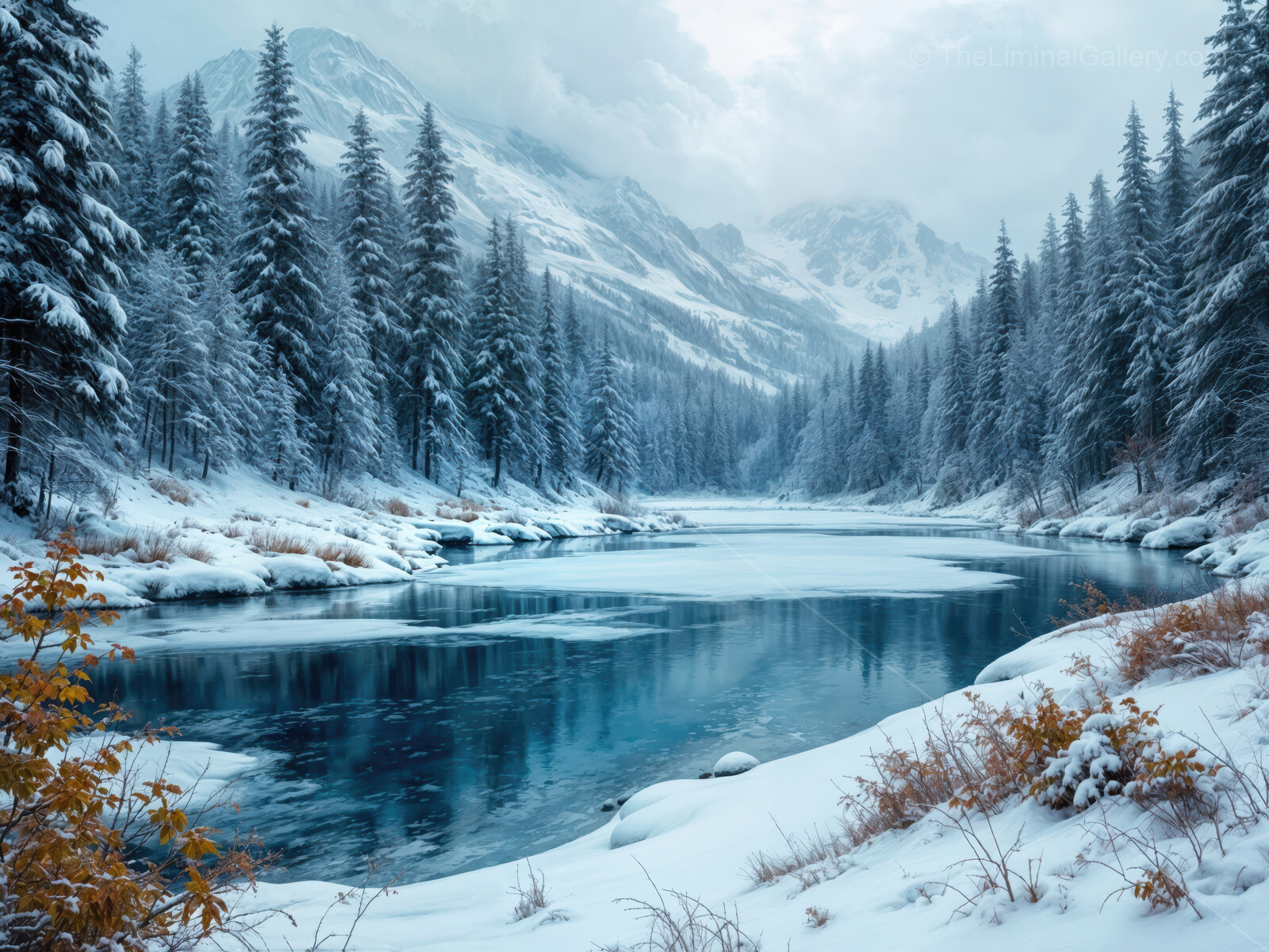 Serene winter landscape captures the liminal beauty of snow-covered mountains and tranquil river reflections