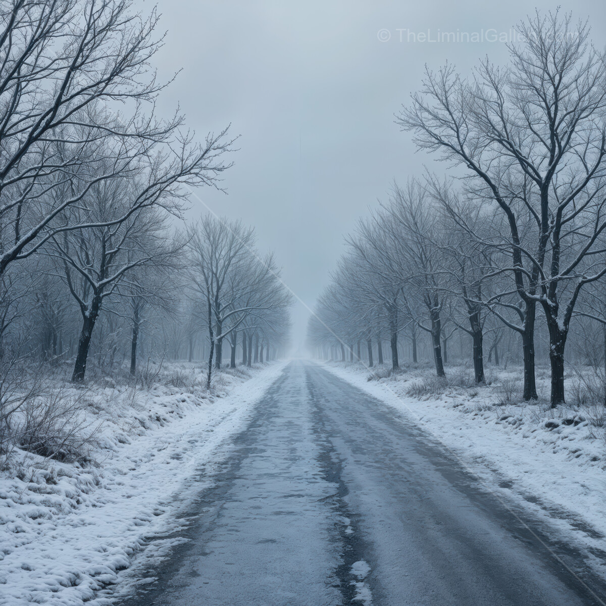 Winter road through a snowy landscape under a foggy sky invites peaceful contemplation and quiet exploration